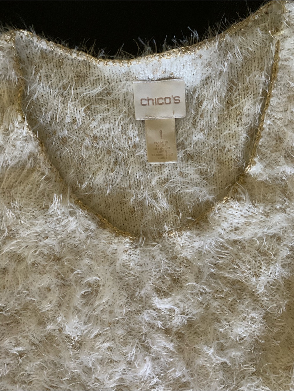 Chico’s Ivory Gold Metallic Eyelash Knit Fuzzy Sweater Shimmer Size 1
